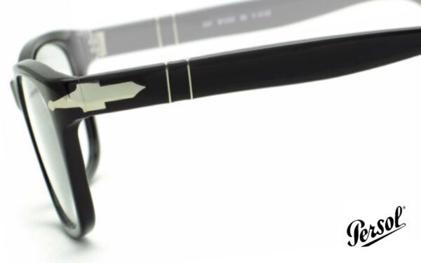 side profile of a pair of gloss black Persol glasses