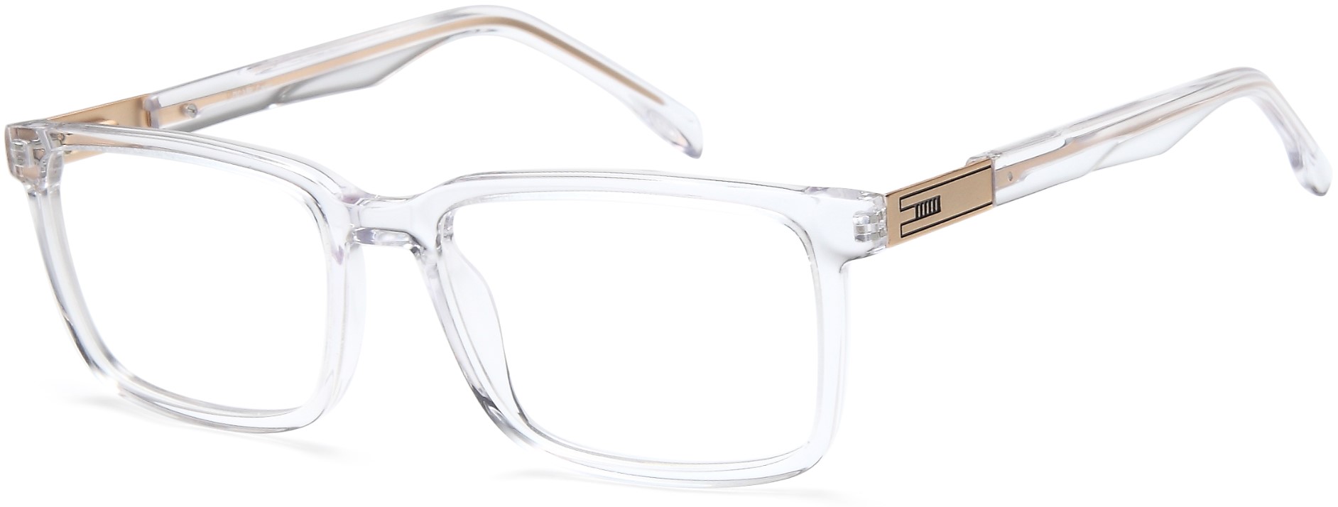 Clear rectangular eyeglasses with transparent frames and subtle beige temples.